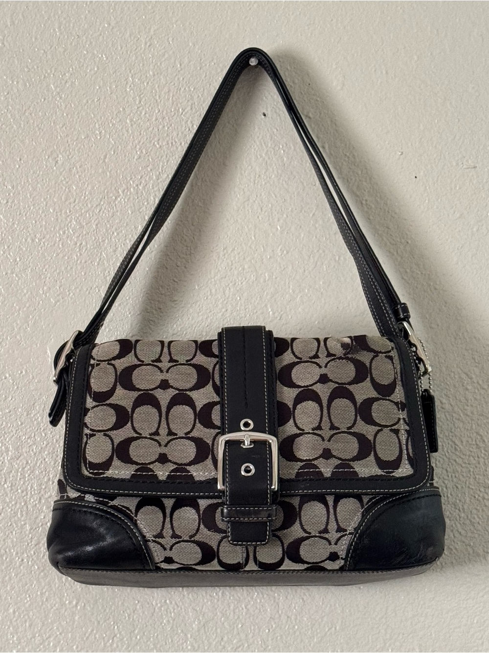 Coach Vintage Y2K Hampton Signature C Grey/Black Canvas Shoulder Flap Buckle Bag